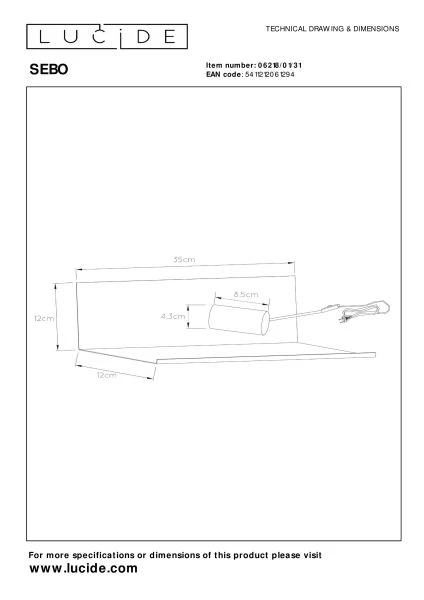 Lucide SEBO - Bettlampe / Wandleuchte - 1xE27 - Weiß - TECHNISCH